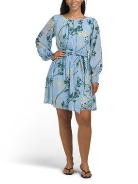 LONDON TIMES Long Sleeve Keyhole Mini Dress With Sash Belt